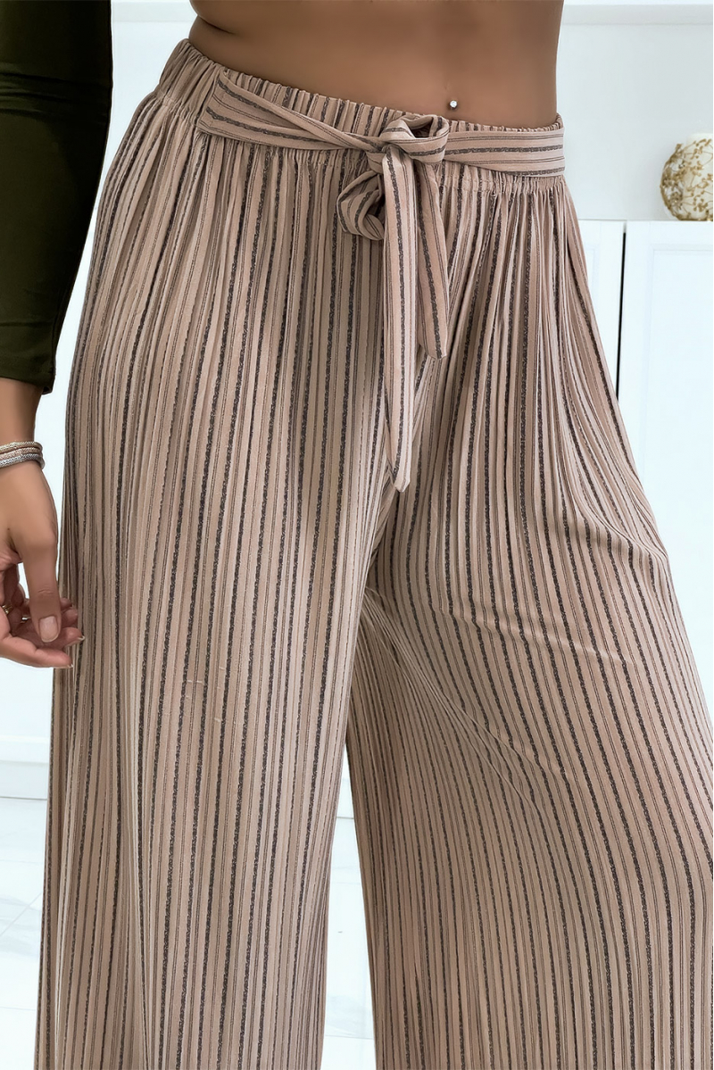 Taupe pleated palazzo pants with pretty stripe