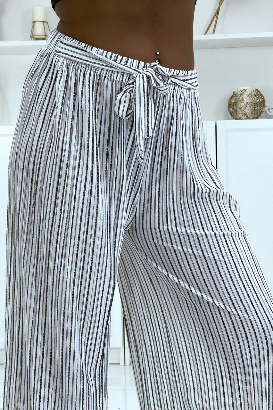 Flowy black and store white striped pants