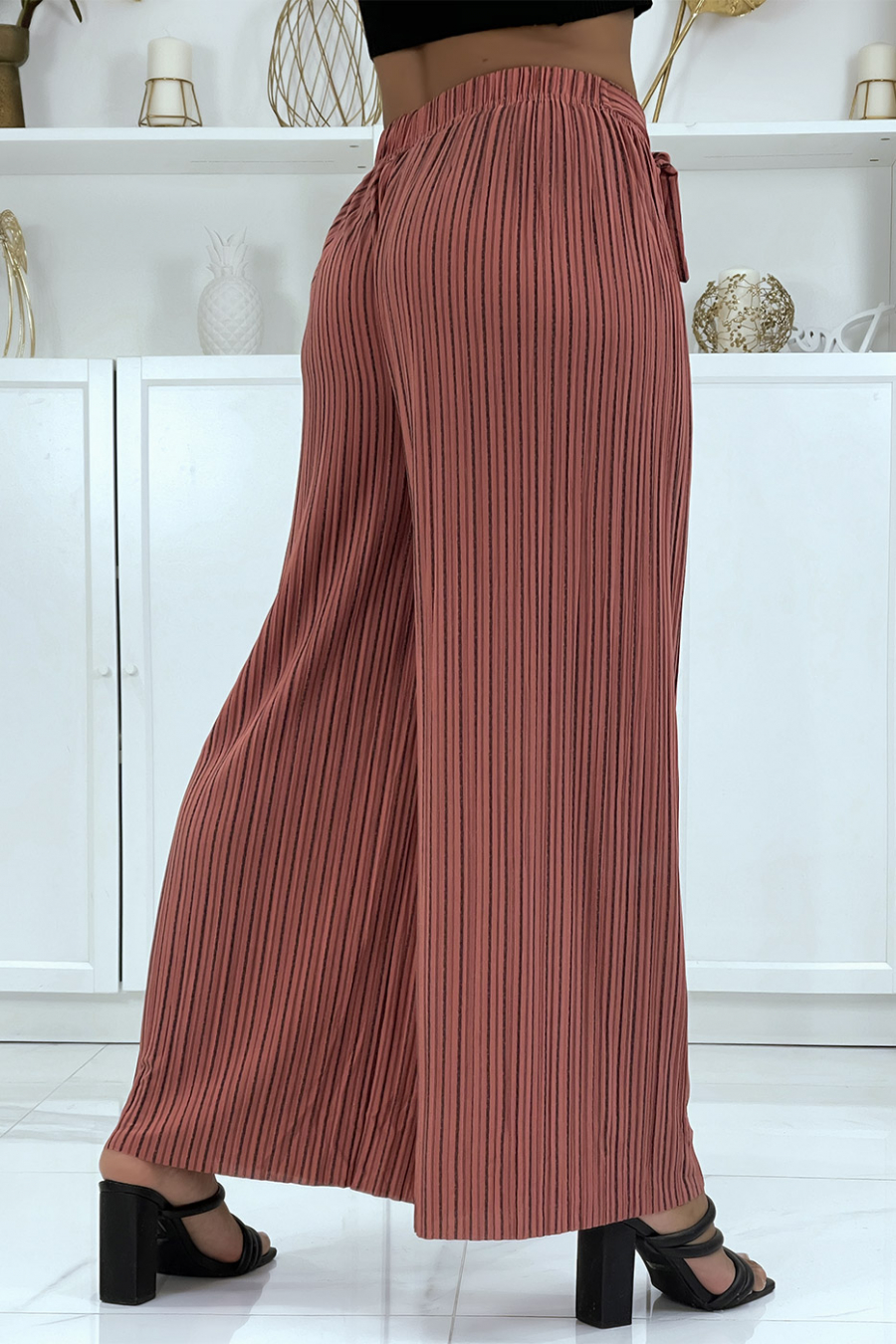 Pantalon palazzo plissé corail avec joli rayure - 2