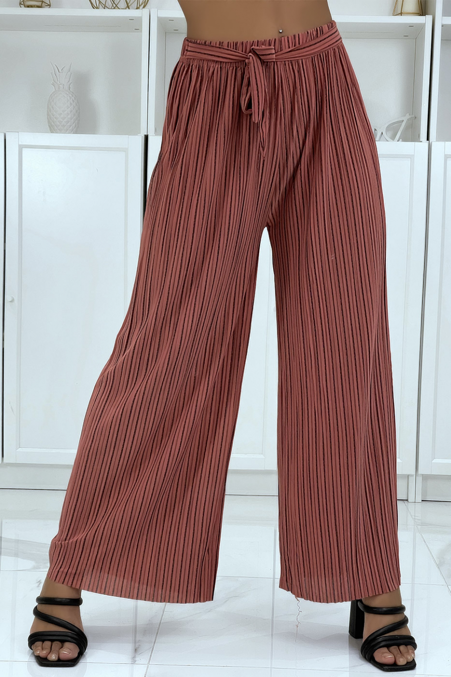 Pantalon palazzo plissé corail avec joli rayure - 4