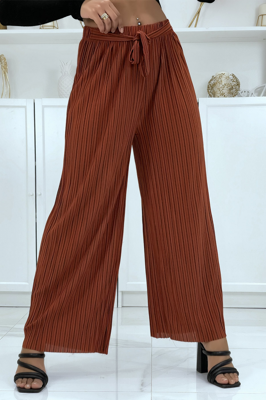 Pantalon palazzo plissé cognac avec joli rayure - 1