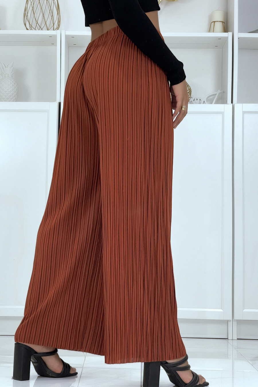 Cognac pleated palazzo trousers with pretty stripe - 3