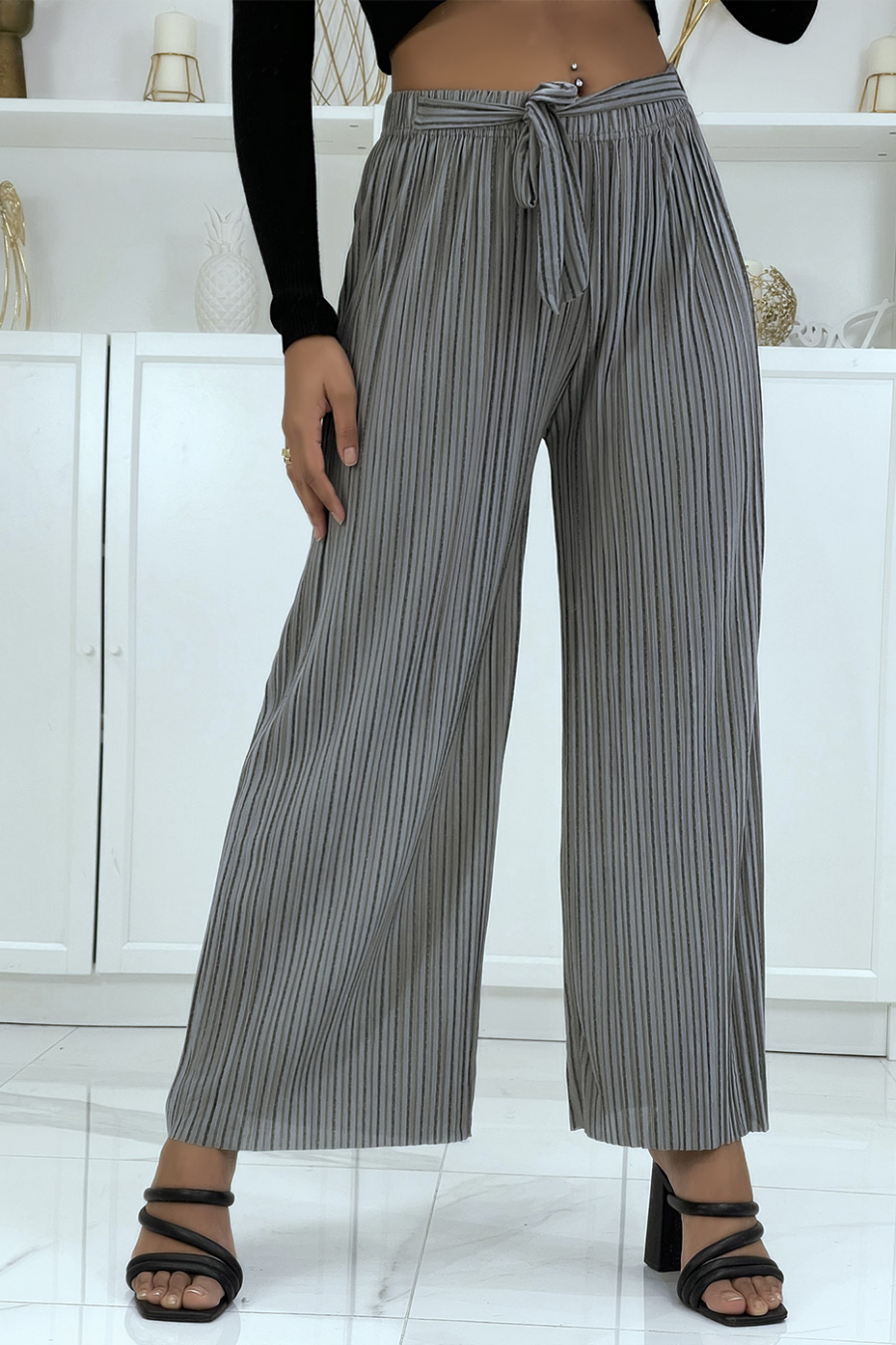 Gray pleated palazzo pants with pretty stripe - 1