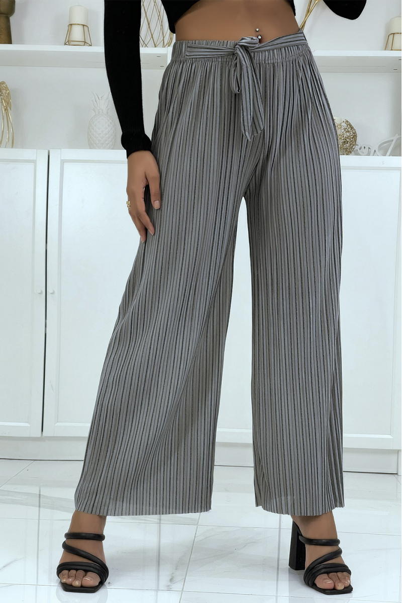 Gray pleated palazzo pants with pretty stripe - 1