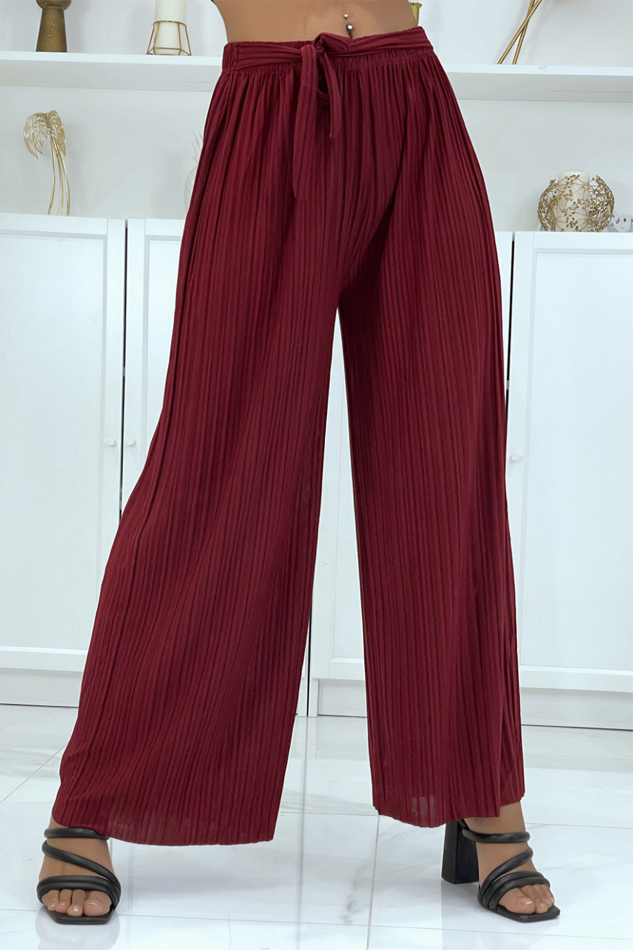 Pantalon palazzo plissé bordeaux avec joli rayure - 1