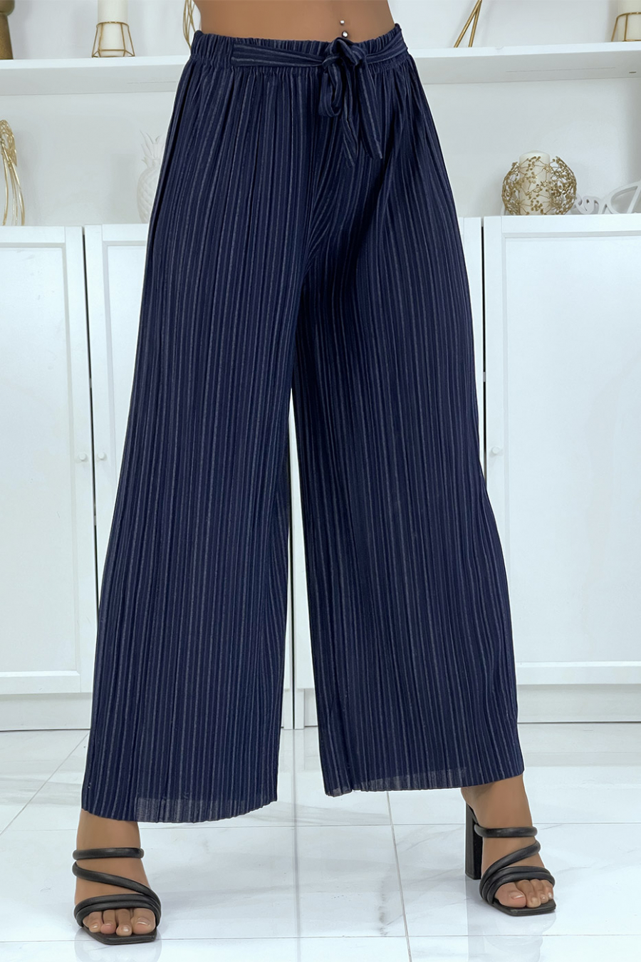 Navy pleated palazzo pants with pretty stripes - 1