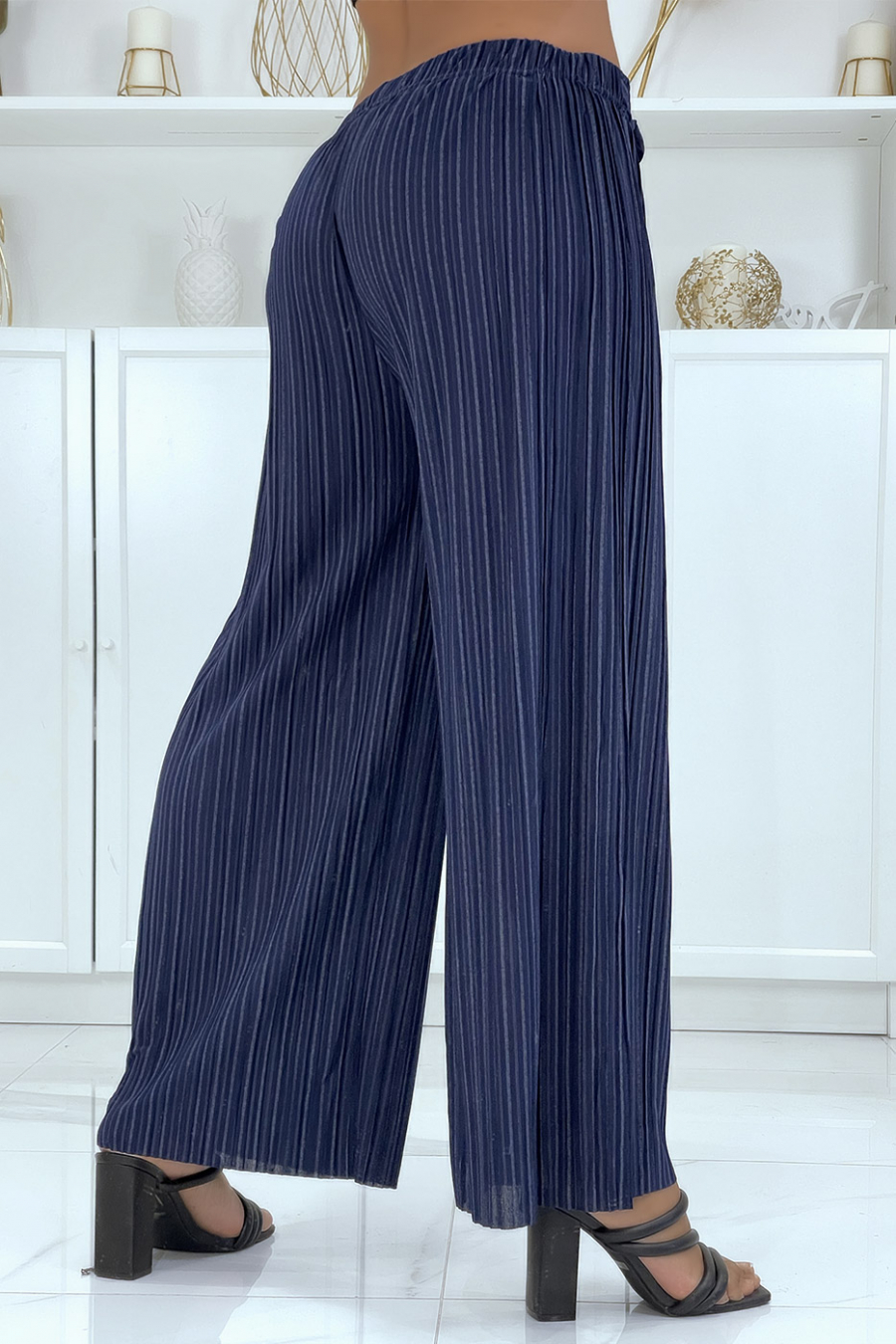 Navy pleated palazzo pants with pretty stripes - 3