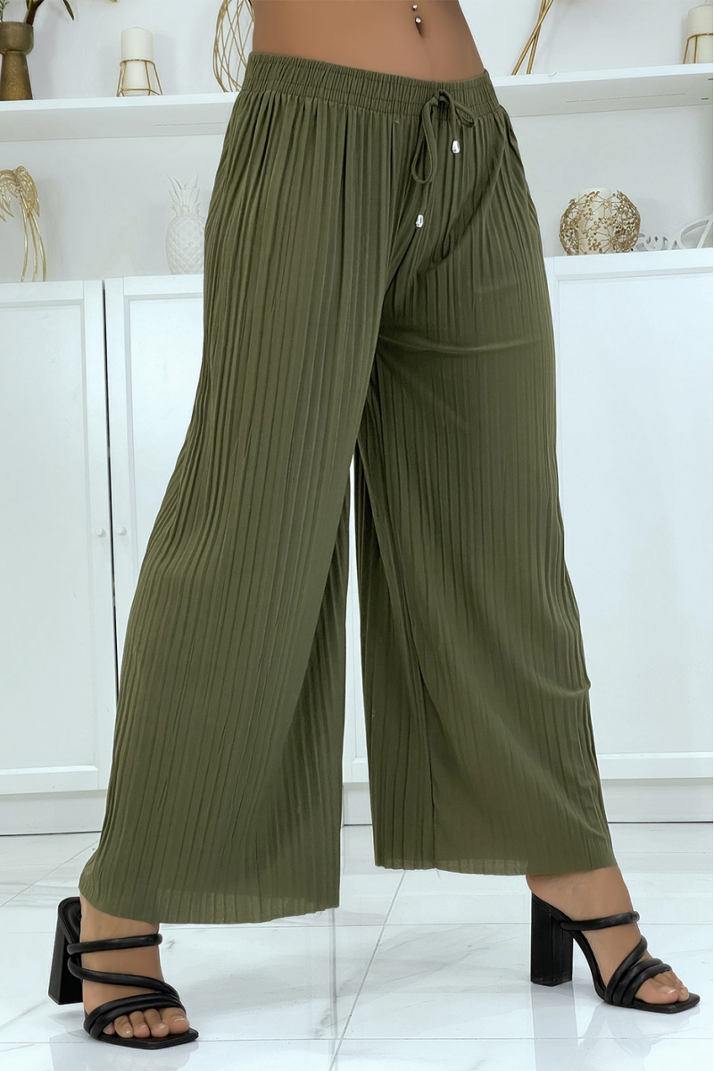 Trendy khaki pleated palazzo pants - 1