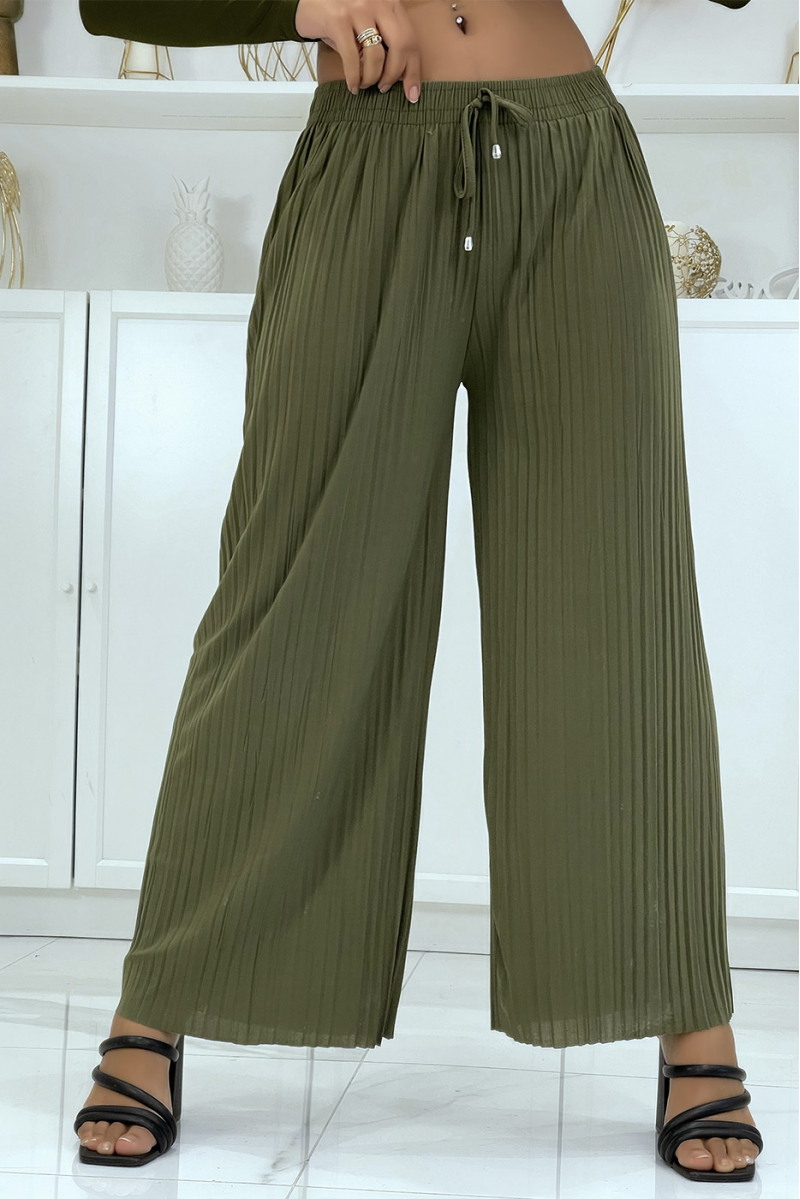 Trendy khaki pleated palazzo pants - 2