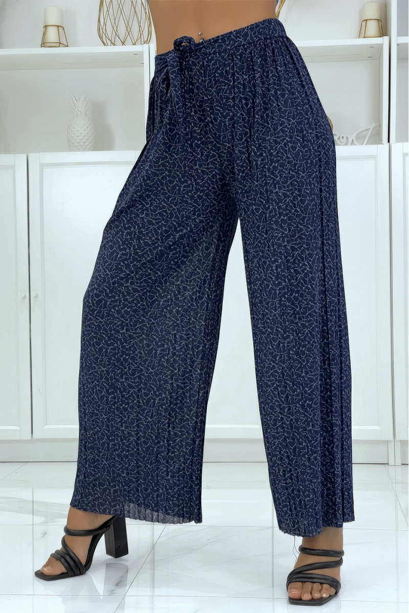 Navy fluid pleated pants with marble pattern - 2