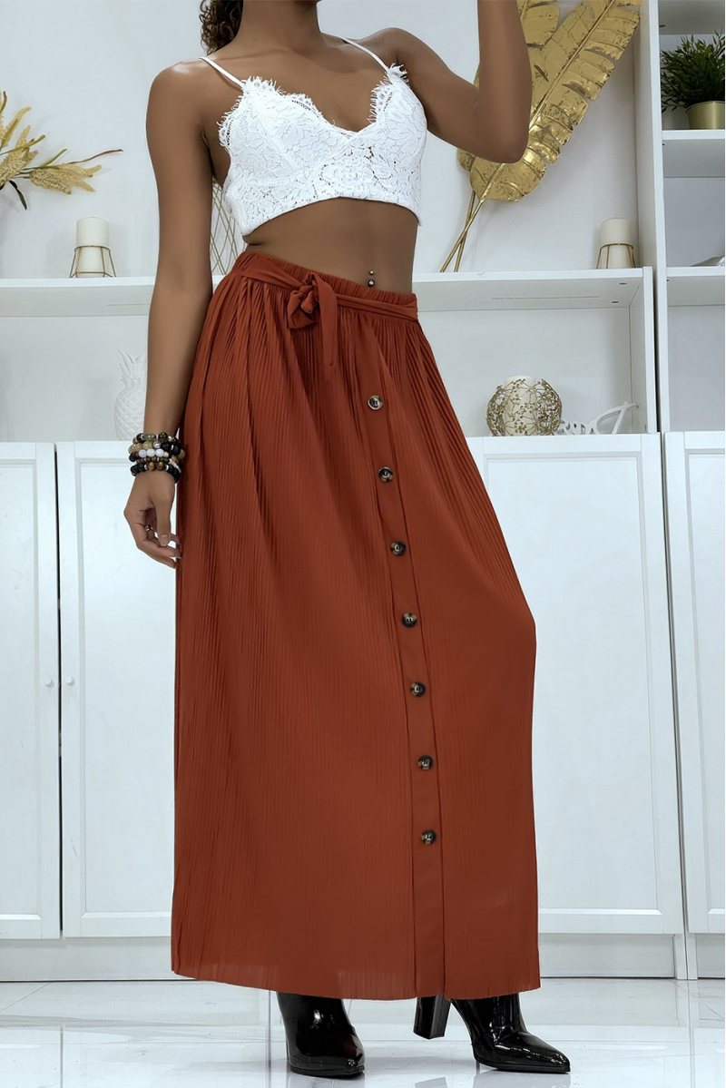 Fluid cognac accordion skirt with buttons - 1