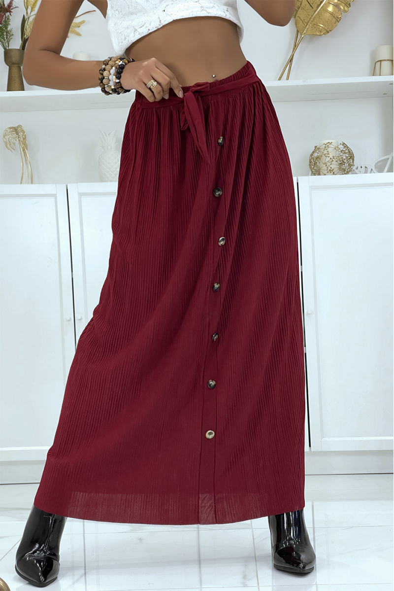 Flowing burgundy accordion skirt with buttons - 1