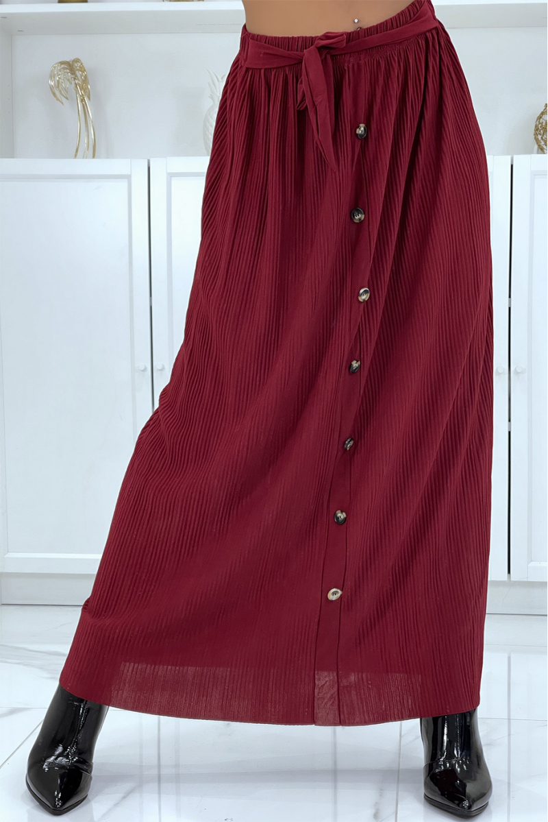 Flowing burgundy accordion skirt with buttons - 2
