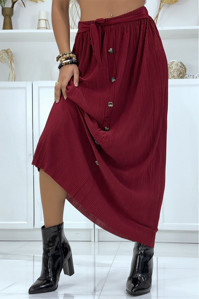 Flowing burgundy accordion skirt with buttons - 4