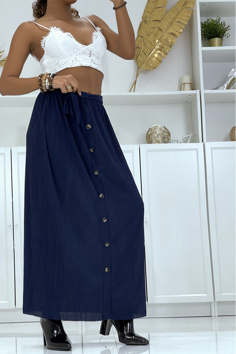 Fluid navy blue accordion skirt with buttons - 1