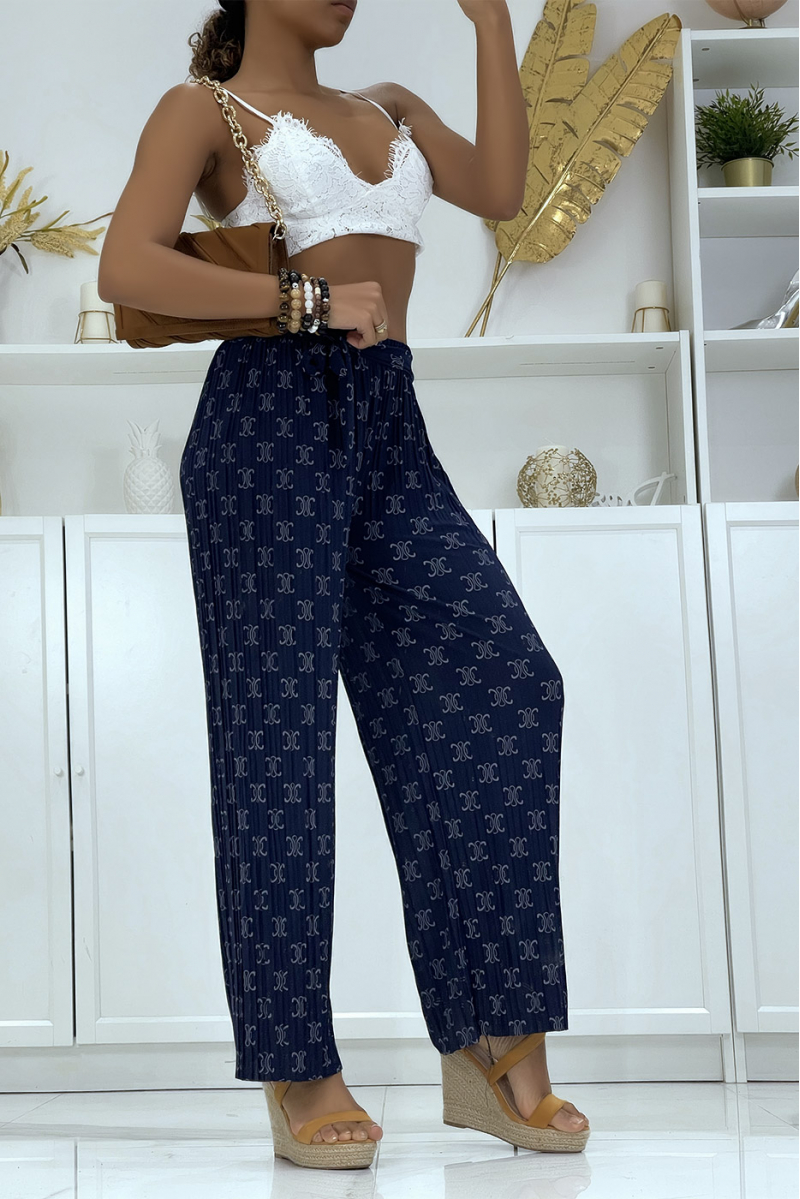 Pantalon fluide bleu marine à imprimé chic - 1 Pantalon fluide bleu marine à imprimé chic - 1