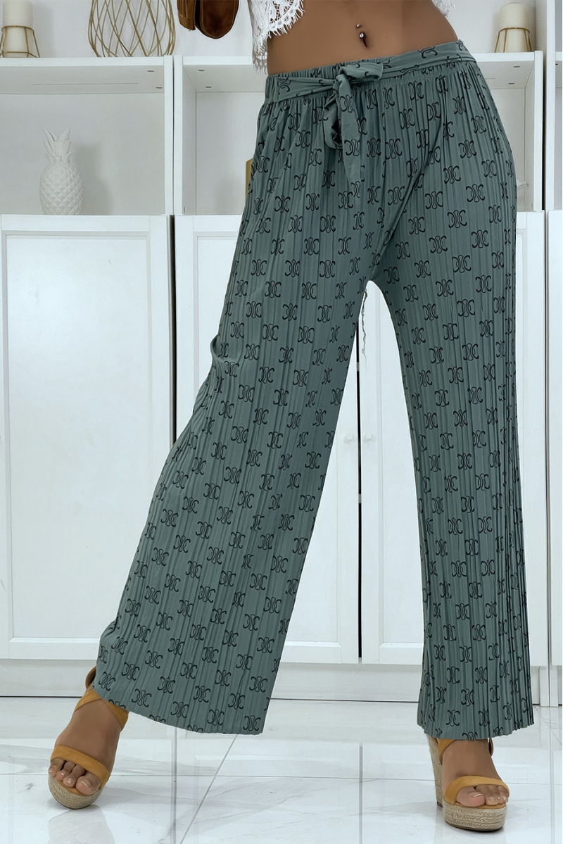 Soepelvallende groene broek met chique print - 4