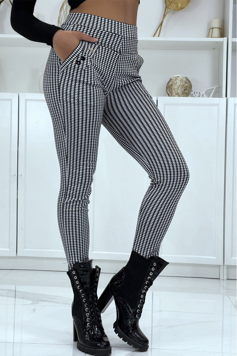 White and black houndstooth print elastic skinny jeans - 3