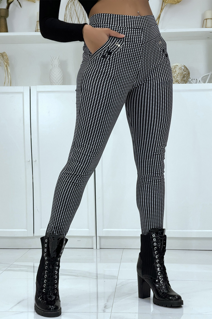 Elastische skinny jeans met zwarte Houndstooth-print - 2