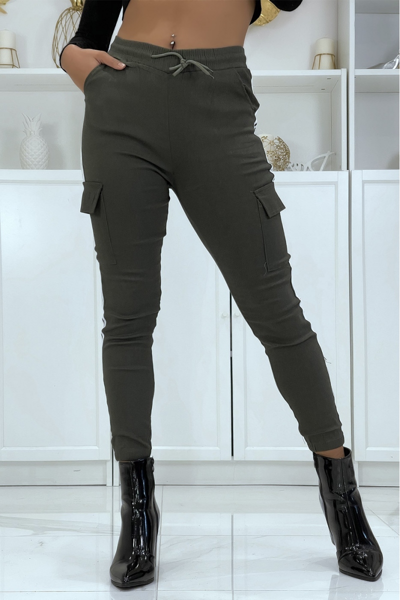 Khaki jeggings with white stripes and pockets - 6