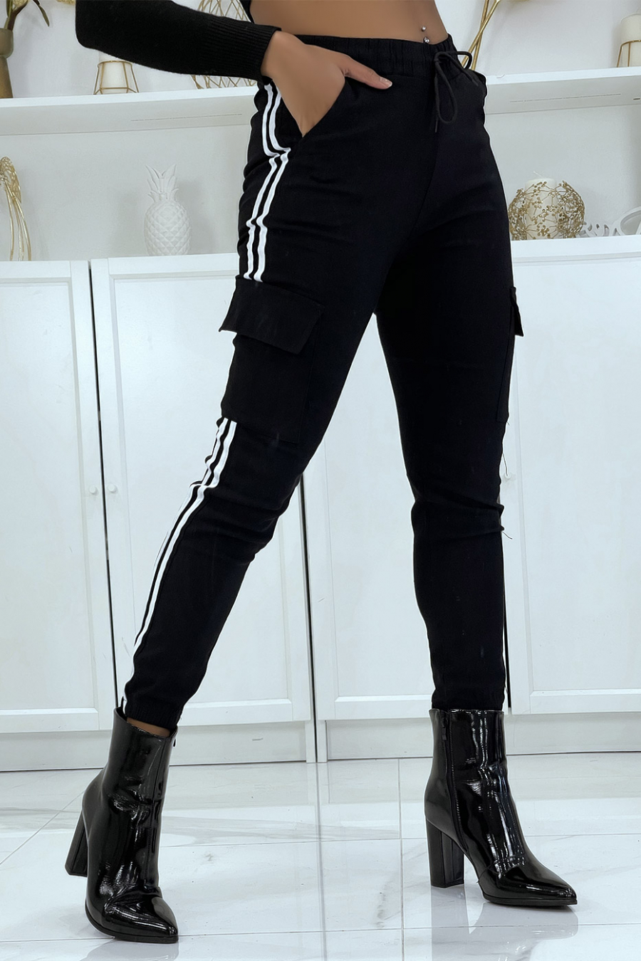 Jegging noir à bandes blanches et poches - 3