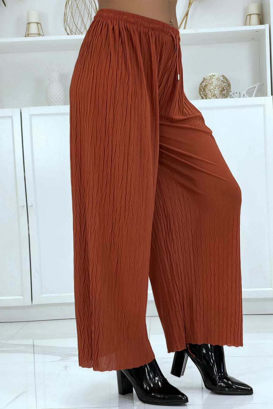 Pantalon palazzo plissé uni cognac - 1