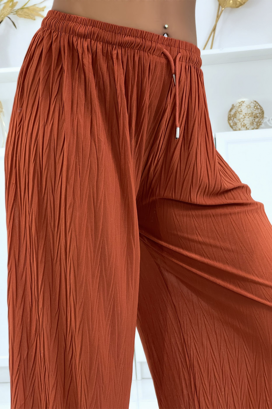 Cognac pleated palazzo trousers - 3