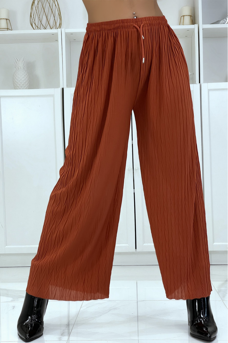 Pantalon palazzo plissé uni cognac - 4 Pantalon palazzo plissé uni cognac - 4