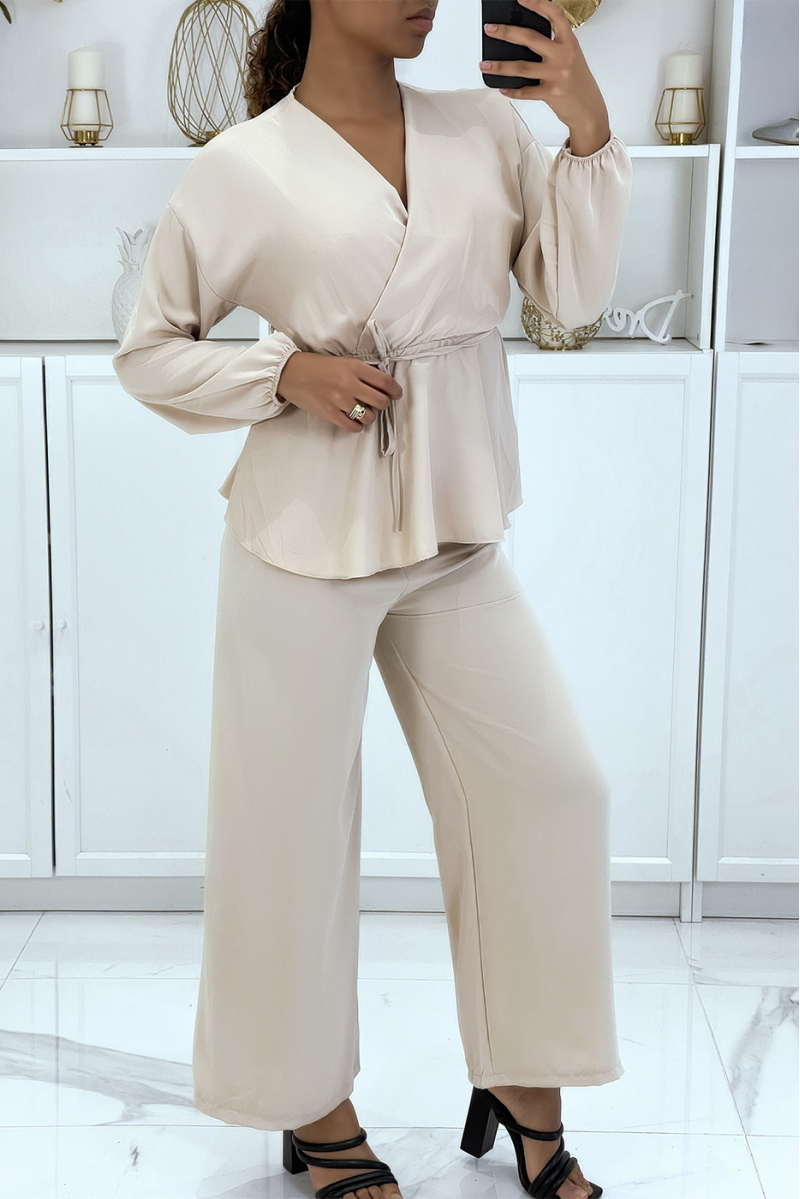 Beige double-breasted top en palazzo broek set - 1