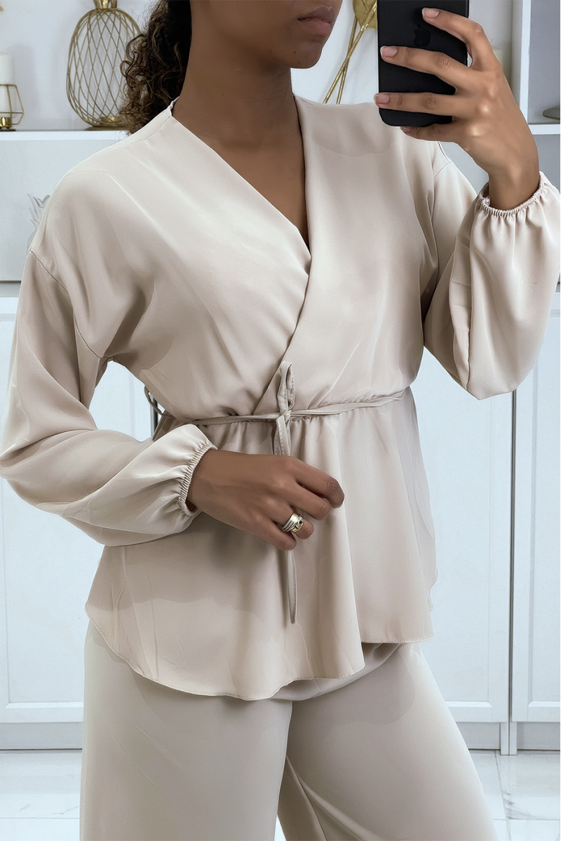 Beige double-breasted top en palazzo broek set - 2