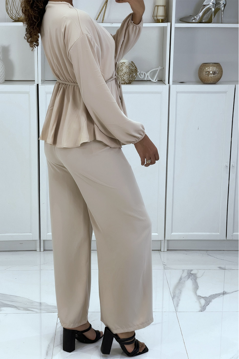 Beige double-breasted top en palazzo broek set - 3
