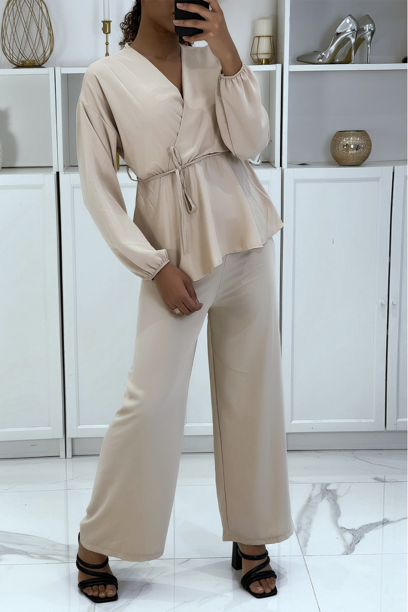 Beige double-breasted top en palazzo broek set - 4