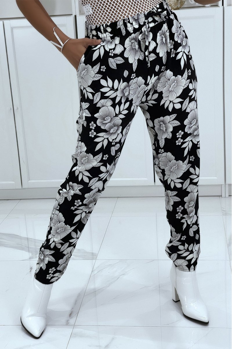 Pantalon fluide noire à motif floral B-60 - 4