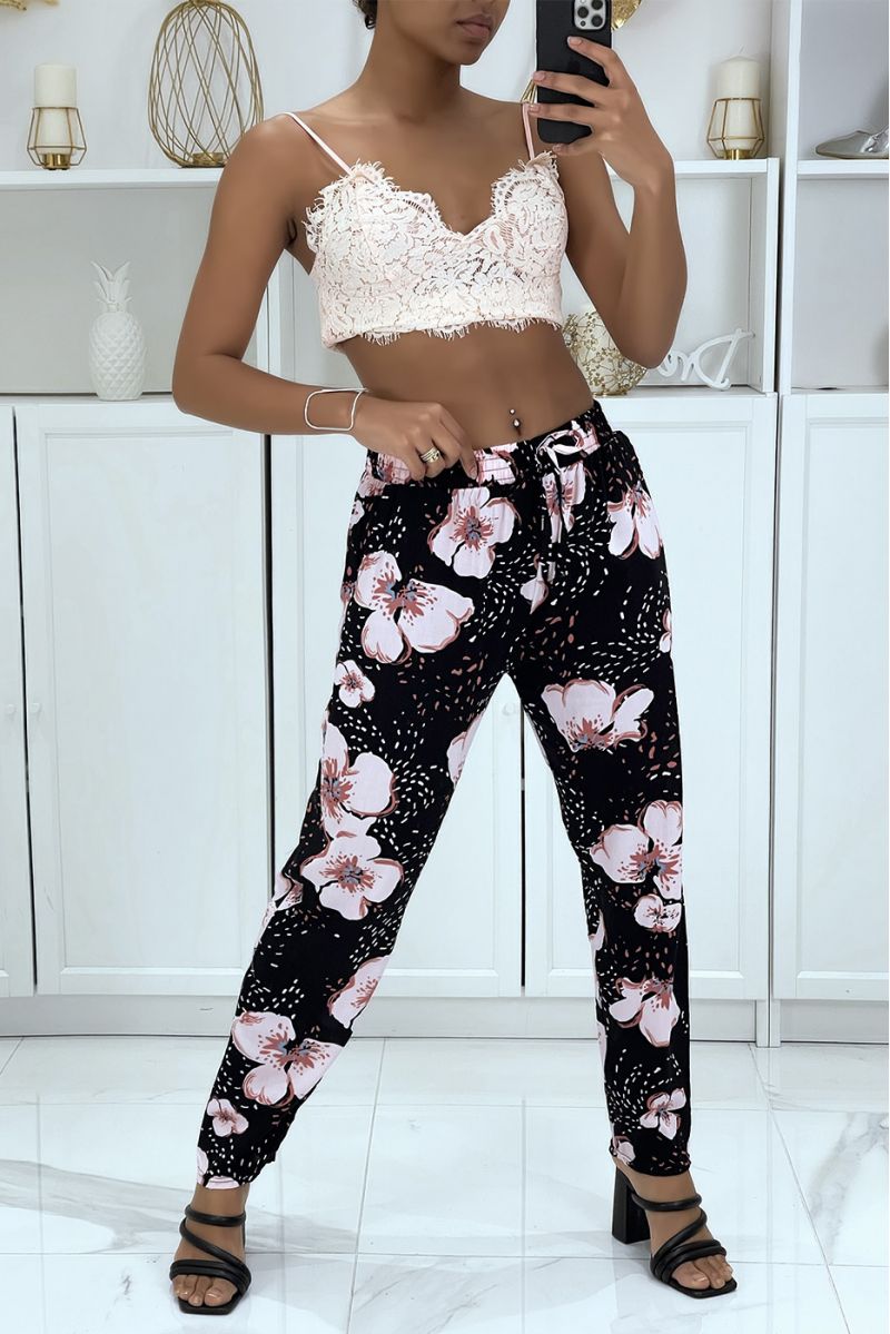 Flowing pink pants with floral pattern B-60 - 1