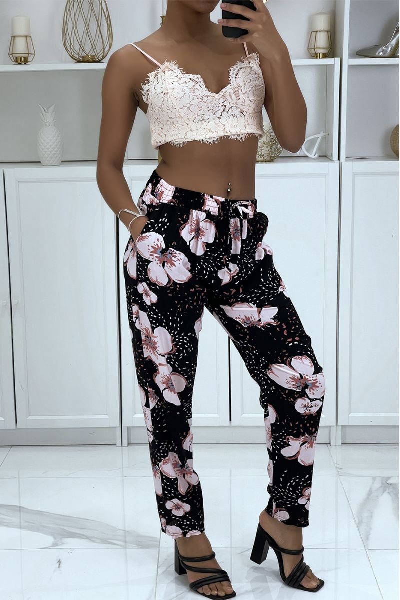 Flowing pink pants with floral pattern B-60 - 2