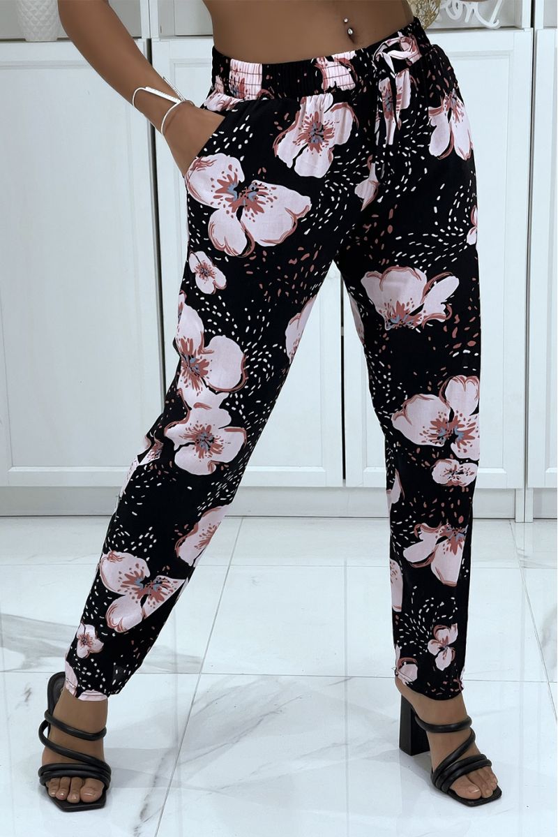 Flowing pink pants with floral pattern B-60 - 3