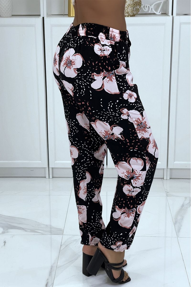 Flowing pink pants with floral pattern B-60 - 4
