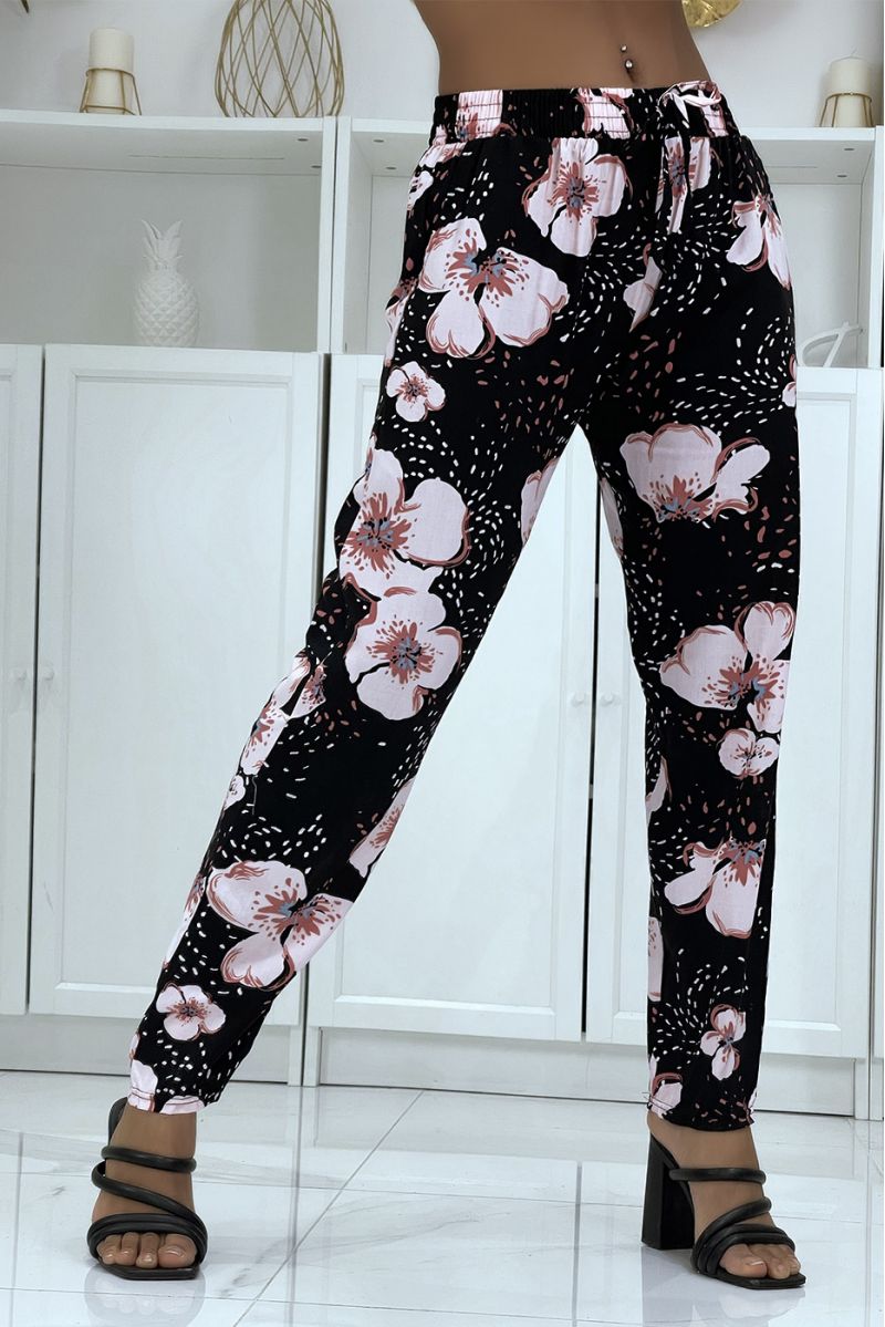 Flowing pink pants with floral pattern B-60 - 5