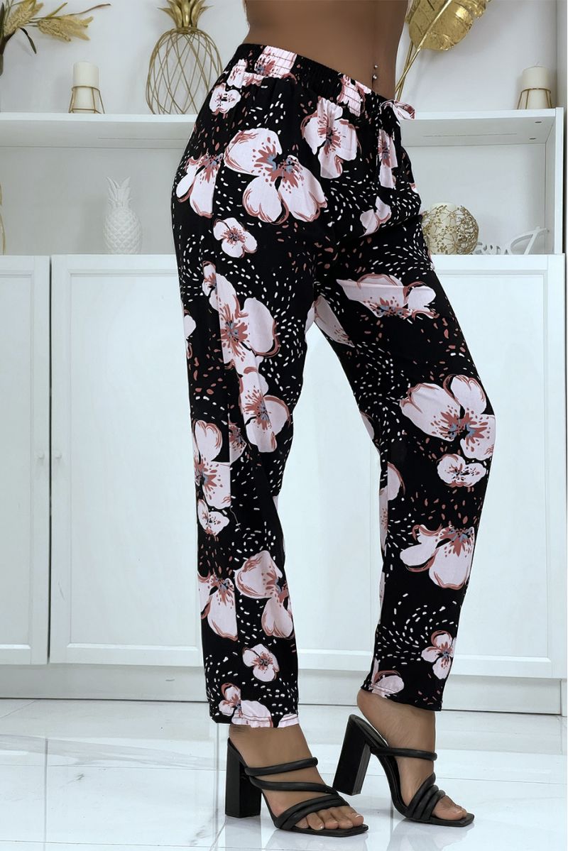 Flowing pink pants with floral pattern B-60 - 6