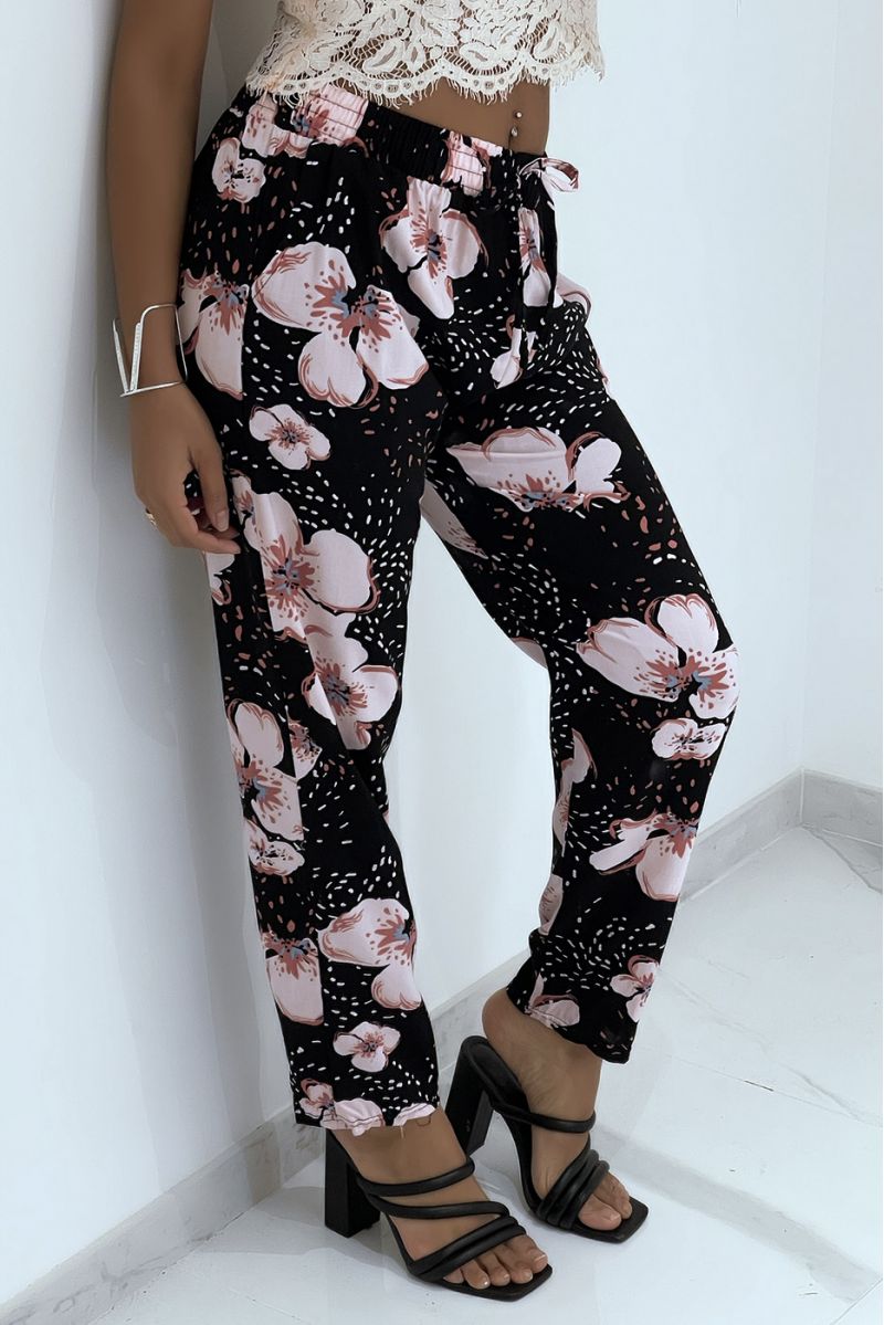 Flowing pink pants with floral pattern B-60 - 7
