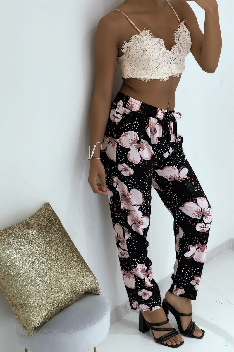 Flowing pink pants with floral pattern B-60 - 8