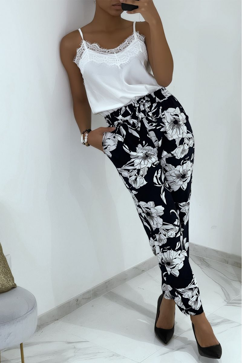 Black flowing pants with floral pattern B-54 - 5