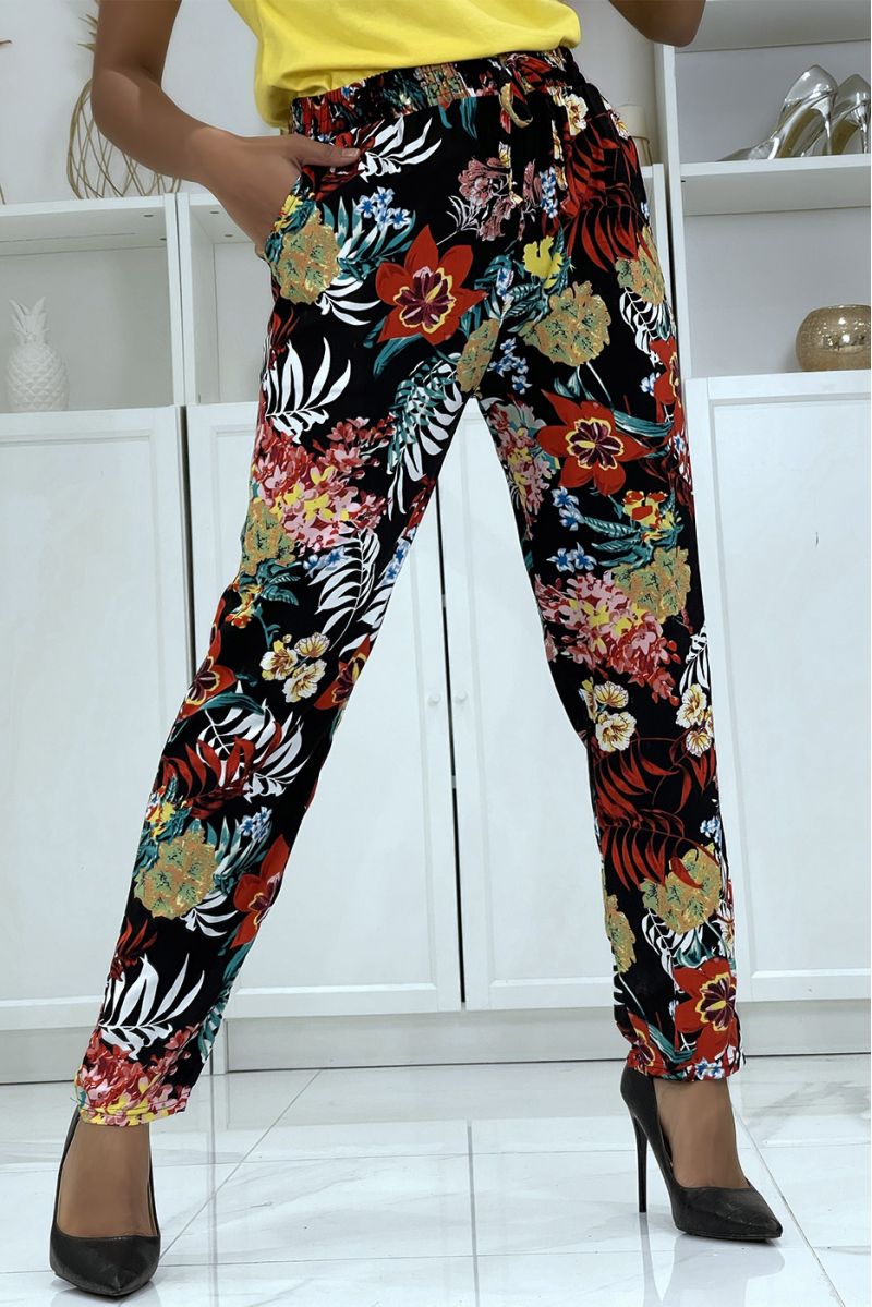B-59 black flowing pants with floral pattern - 2