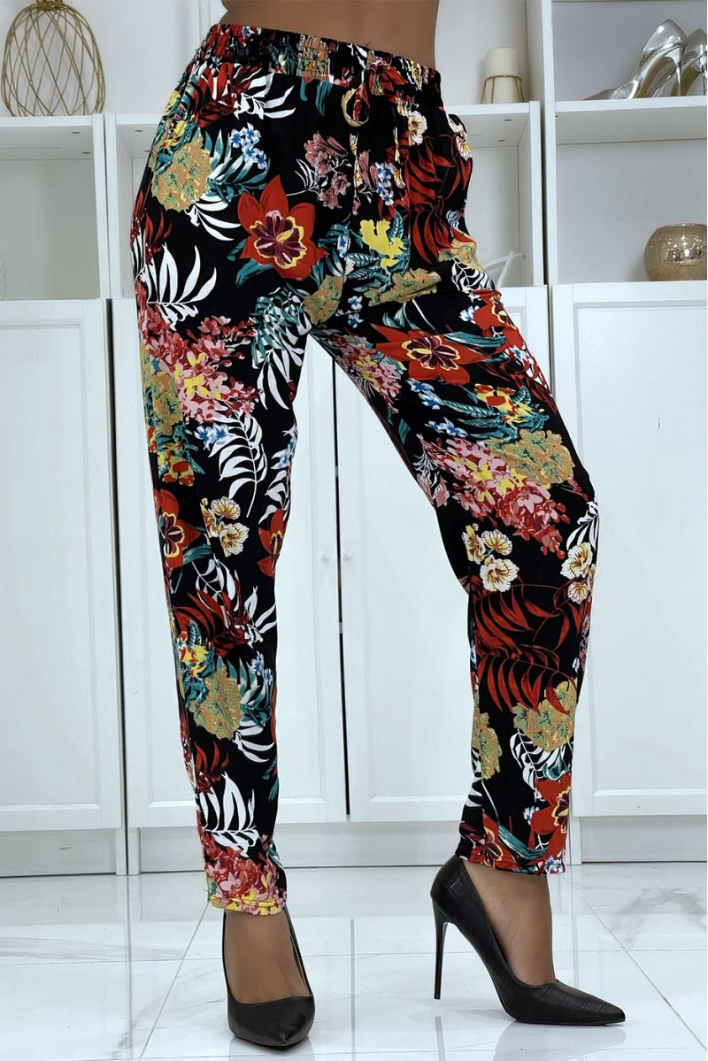 B-59 black flowing pants with floral pattern - 6