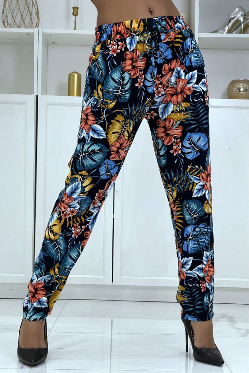 Fluid navy pants with floral pattern B-59 - 2
