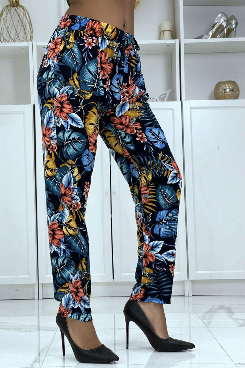 Fluid navy pants with floral pattern B-59 - 3