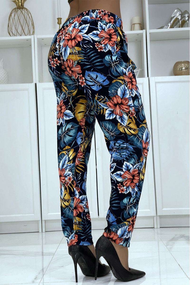 Fluid navy pants with floral pattern B-59 - 4