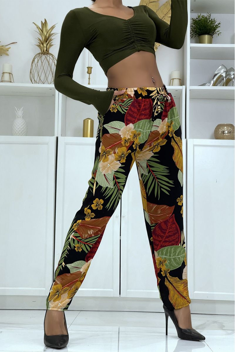 Flowing black/mustard pants with floral pattern B-24 - 1