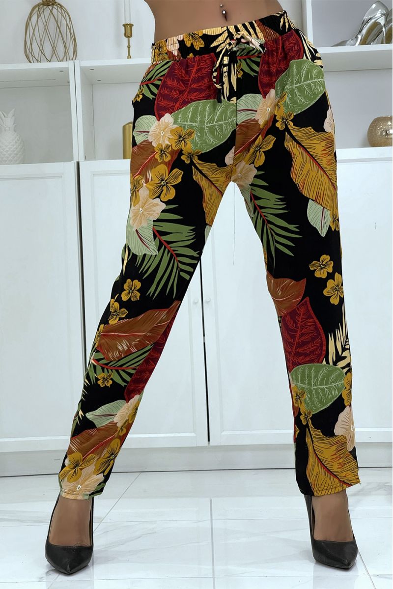 Flowing black/mustard pants with floral pattern B-24 - 2