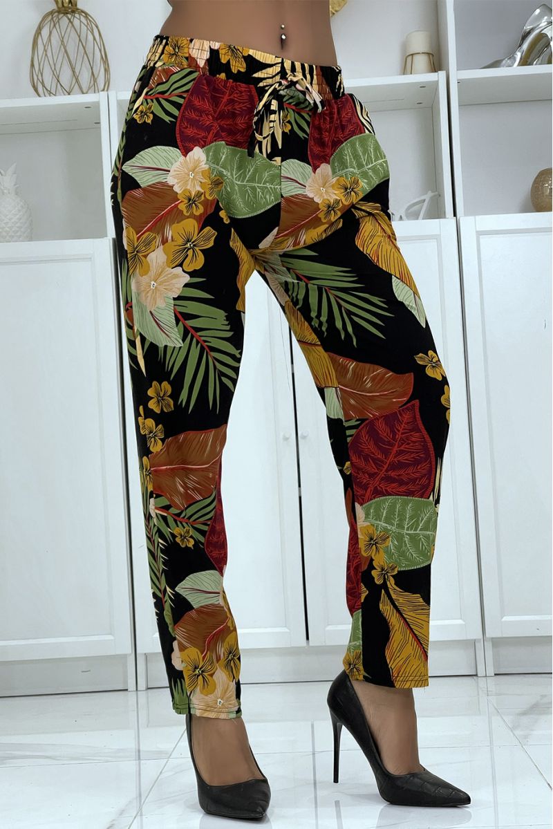 Flowing black/mustard pants with floral pattern B-24 - 3